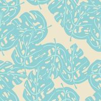 Tropical seamless doodle pattern with blue colored monstera shapes ornament. Random foliage print. vector