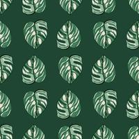 Tropical seamless pattern on green background. Abstract texture decoration with leaf monstera real color with black outline. vector