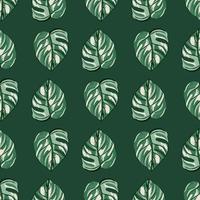 Tropical seamless pattern on green background. Abstract texture decoration with leaf monstera real color with black outline. vector