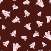 Pink random tulip buds silhouettes seamless pattern in doodle style. Brown background. vector