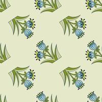 Abstract style simple green leaves and blue bell seamless pattern. Light background. Spring style ornament. vector