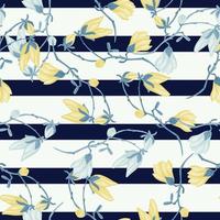 Seamless pattern Magnolias on stripe background. Beautiful texture with spring blue and yellow flowers. vector