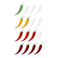 Spicy chilli pepper on the rise heat isolated on white background. Sticker different colors for menu restaurant in flat style. vector