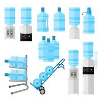 Set cooler for water on white backdrop. Cooler and bottle office, water delivery service, delivery cart with bottles in style flat. vector