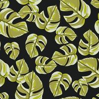 Abstract seamless pattern with pale green hand drawn monsera leaf ornament. Black background. Random print. vector