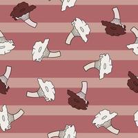 Random seamless fall pattern with white cantharellus cibarius mushroom elements. Striped pink background. vector