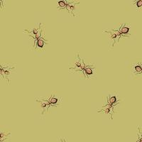 Seamless pattern colony ants on pastel green background. Vector insects template in flat style for any purpose. Modern animals texture.