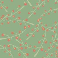 Seamless random pattern in pale tones with pink berries with branches. Light green background. vector