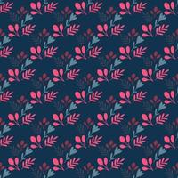 Contrast seamless pattern with folk ornamental botanic print. Pink flower and leaves on navy blue background. vector