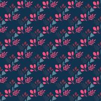 Contrast seamless pattern with folk ornamental botanic print. Pink flower and leaves on navy blue background. vector