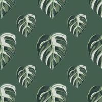 Tropical seamless pattern on dark green background. Abstract texture decoration with leaf monstera real color with white spots. vector