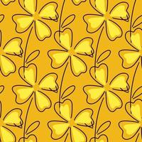 Nature seamless doodle pattern with yellow four-leaf clover ornament. Orange background. Doodle print. vector