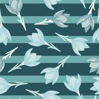 Random seamless nature botanic pattern with blue crocus flower elements. Striped background. Bloom spring print. vector