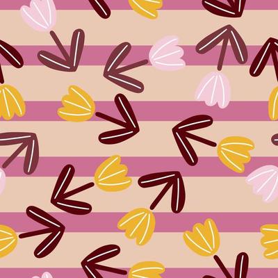 Hand drawn seamless pattern with random yellow simple tulips shapes. Pink and beige striped background.