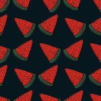 Contrast seamless fresh food pattern with bright red watermelon slice print. Black background. vector