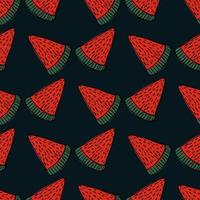 Contrast seamless fresh food pattern with bright red watermelon slice print. Black background. vector