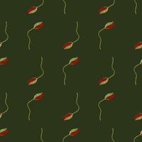 Minimalistic seamless dark tones pattern with red poppy bud flowers ornament. Green background. vector