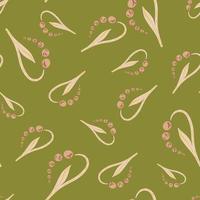 Random pink lily of the valley elements seamless doodle pattern. Green background. Bloom artwork. vector