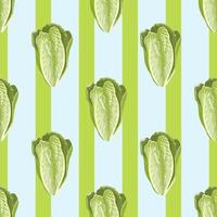 Seamless pattern salad Romano on stripe blue background. Beautiful ornament with lettuce. vector