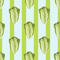 Seamless pattern salad Romano on stripe blue background. Beautiful ornament with lettuce. vector