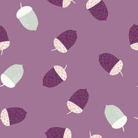 Seamless random pattern with hand drawn acorn doodle silhouettes. Autumn print in purple and blue tones. vector