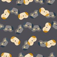 Dog mask yellow and gray color chaotic seamless pattern on dark gray background. Children graphic design element for different purposes. vector