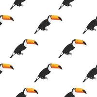 Zoo seamless doodle pattern with black and yellow colored cute toucan bird ornament. White background. vector