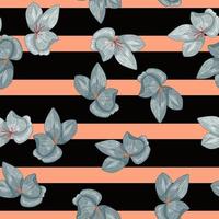 Contrast blue orchid flowers seamless pattern in doodle style. Striped brown background. vector