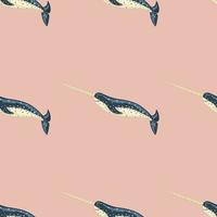 Seamless pattern Narwhal on pink background. Template of cartoon character of ocean for fabric. vector