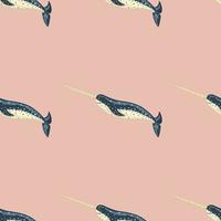 Seamless pattern Narwhal on pink background. Template of cartoon character of ocean for fabric. vector