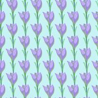 Purple outline crocus hand drawn silhouettes seamless doodle pattern. Light turquoise background. vector