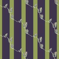 Seamless pattern Magnolias on stripe green background. Beautiful texture with flowers. vector