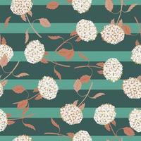 Abstract style nature seamless pattern with random hydrangea flower print. Turquoise striped background. vector