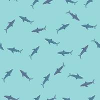 Seamless pattern Tiger shark on turquoise gray background. Texture of marine fish for any purpose. vector