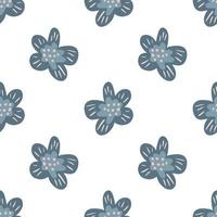 Isolated seamless pattern with blue doodle flower silhouettes. White background. Simple backdrop. vector