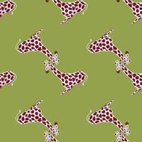 Purple and grey colored giraffe seamless pattern in doodle style. Green background. Creative design. vector