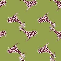 Purple and grey colored giraffe seamless pattern in doodle style. Green background. Creative design. vector