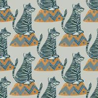 Decorative animal seamless pattern with tiger training print. Circus backdrop. Grey background. vector