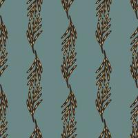 Autumn brown leaf twigs seamless pattern in doodle style. Blue pale background. Botanic simple design. vector