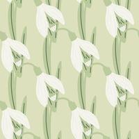 White galanthus flower seamless pattern in botanic style. Light green background. Scrapbook backdrop. vector