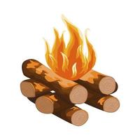 Log cabin campfire isolated on white background. Hiking fireplace in flat style. vector