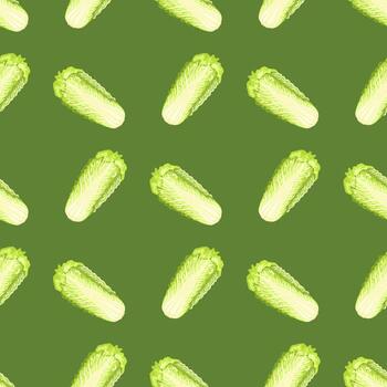 Seamless pattern Chinese cabbage on green background. Minimalism ornament with lettuce. vector
