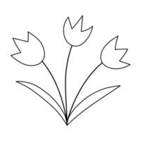 Vector black and white tulips icon. First blooming plants outline illustration or coloring page. Floral clip art. Cute spring flowers isolated on white background.