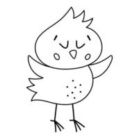 icono de pollito divertido en blanco y negro vectorial. esbozar primavera, pascua o granja pajarito ilustración o página para colorear. lindo pollo con los ojos cerrados aislado sobre fondo blanco. vector