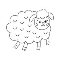 icono vectorial de oveja en blanco y negro. esbozar lindo animal de granja sonriente aislado sobre fondo blanco. adorable ilustración de oveja para niños. divertido personaje de primavera o página para colorear. vector