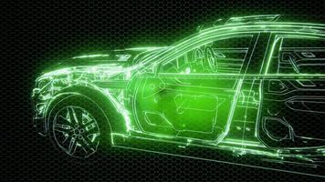 Holographic animation of 3D wireframe car model with engine video