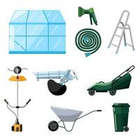 Set professional garden tools on white background in flat style. Kit greenhouse, lawn mower, trimmer, blower, watering hose, wheelbarrow, trash can, ladder. vector