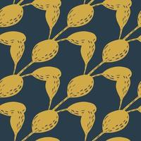 Autumn seamless doodle pattern with hand drawn yellow pale leaves elements. Navy blue pastel background. vector