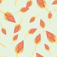 Random doodle seamless pattern with orange colored tulip bud shapes print. Light blue background. Simple design. vector