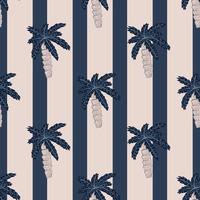 Abstract seamless nature pattern with beach palm tree navy blue ornament. Pink and blue striped background. vector